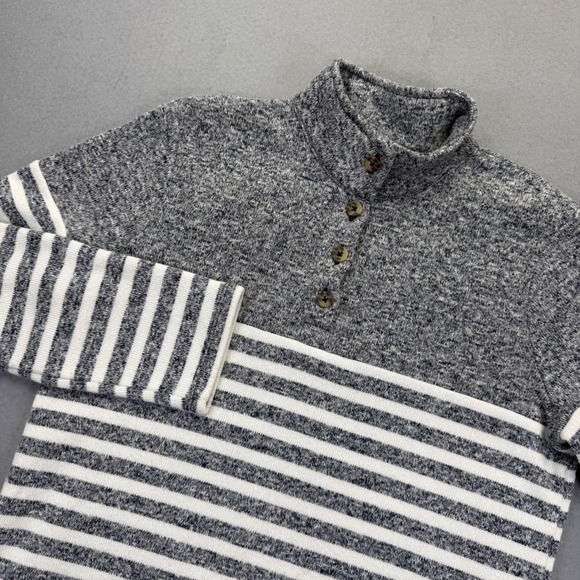 T by Talbots Sweaters - T by Talbots Womens Gray White Striped Fleece Mock‎ Neck Button Pullover Medium
